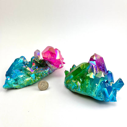 Triple Color Titanium Aura Quartz Cluster | Iridescent Crystal Specimen
