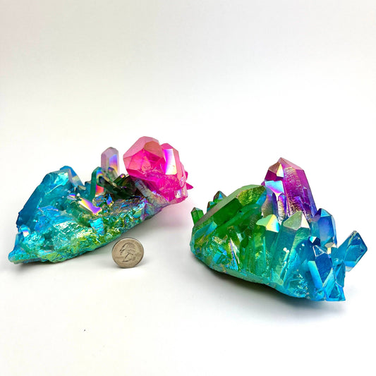 Triple Color Titanium Aura Quartz Cluster | Iridescent Crystal Specimen