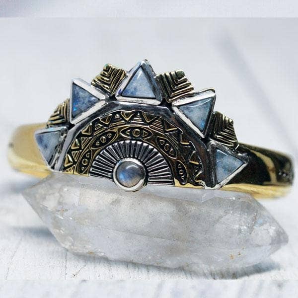 Sunbeam Cuff | Moonstone, Brass with Sterling Silver | Bahgsu Jewels