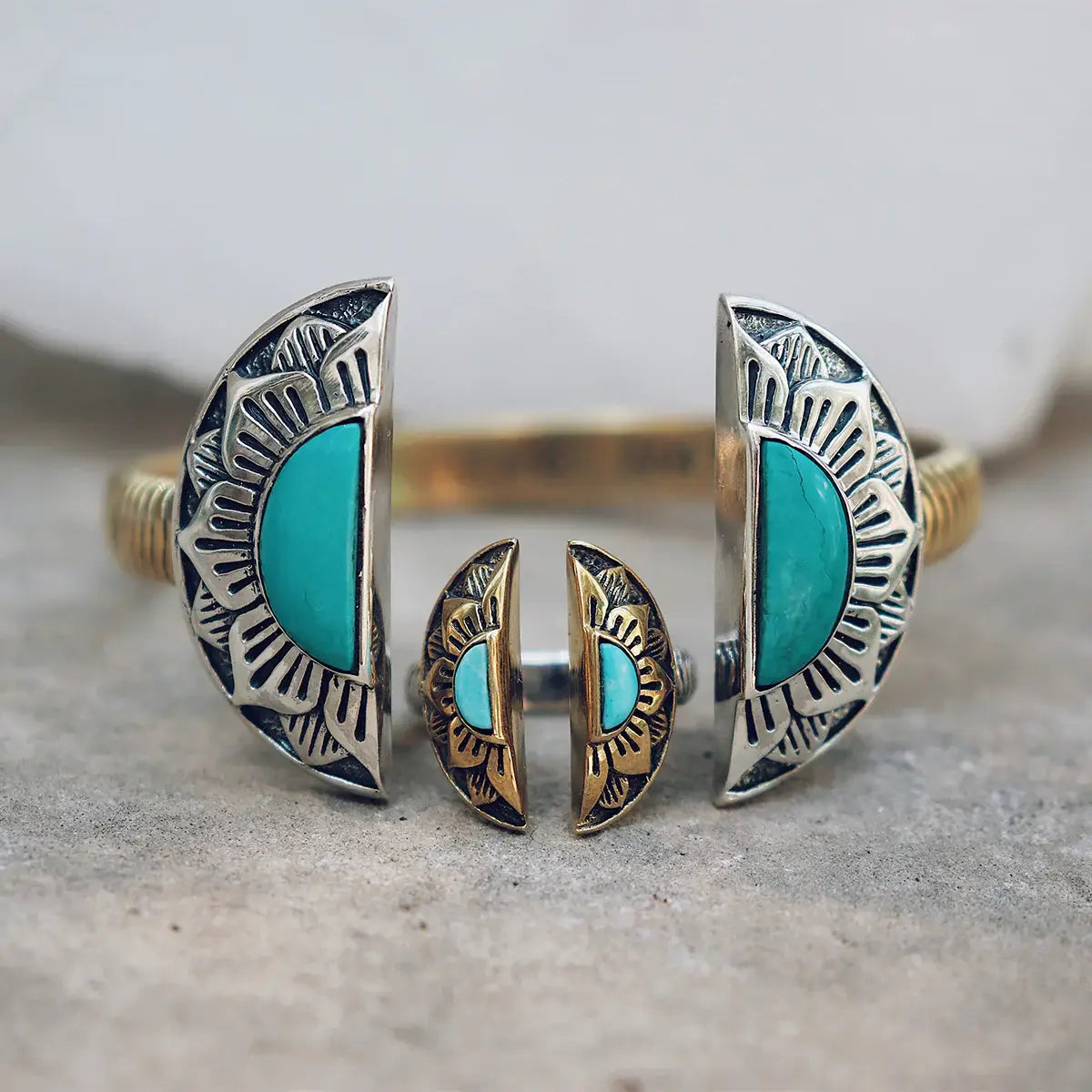 Natural Mystic Cuff | Turquoise, Brass with Sterling Silver | Bahgsu Jewels