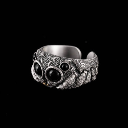 Jumping Spider Ring | Sterling Silver, Matte Black or Brass with Black Agate Eyes | Coppertist.Wu