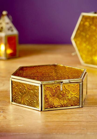 Hexagon Jewelry Box | Glass & Brass Keepsake Storage