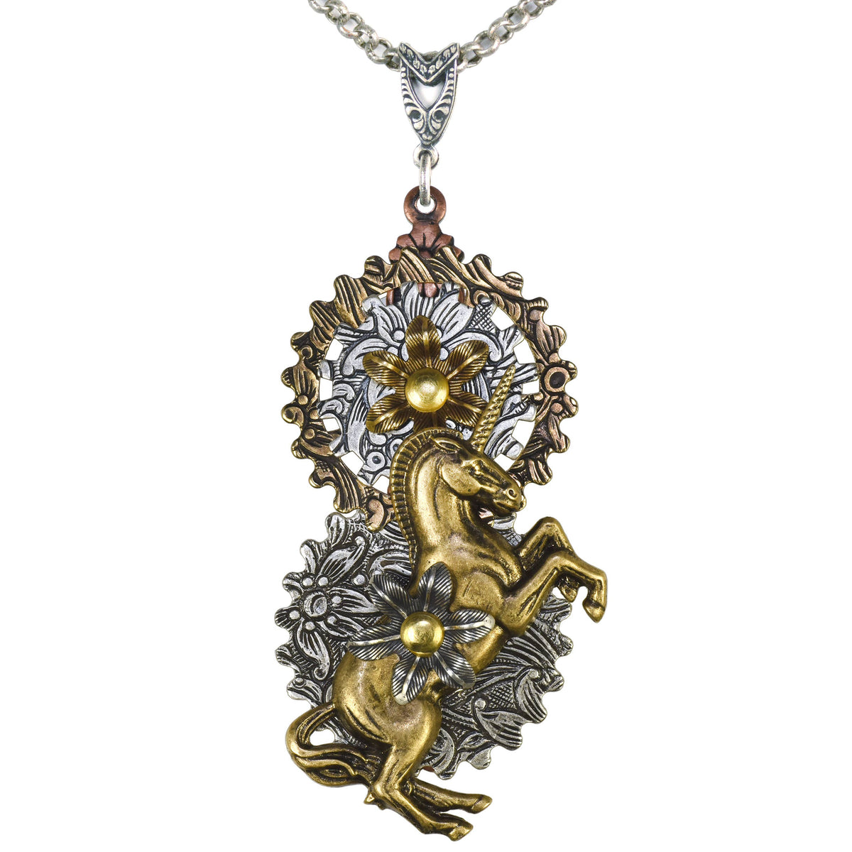 Steampunk Unicorn Necklace | Mixed Metal Statement Pendant