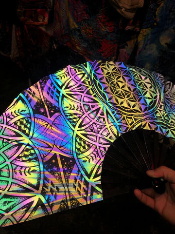 Dark Rainbow Flower of Life Hand Fan | Reflective Festival Fan