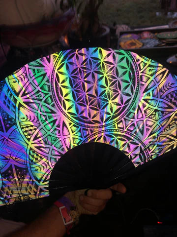 Dark Rainbow Flower of Life Hand Fan | Reflective Festival Fan