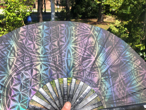 Dark Rainbow Flower of Life Hand Fan | Reflective Festival Fan