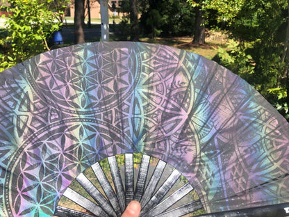 Dark Rainbow Flower of Life Hand Fan | Reflective Festival Fan