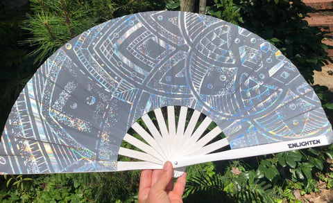 White & Silver Reflective Hand Fan | Sacred Geometry Festival Fan