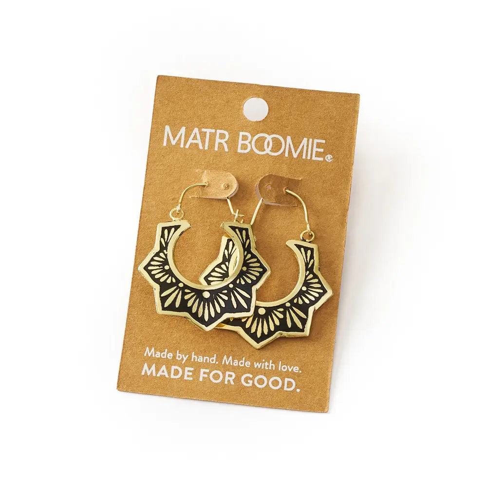 Nisha Lotus Hoop Earrings | Gold & Black Brass Earrings