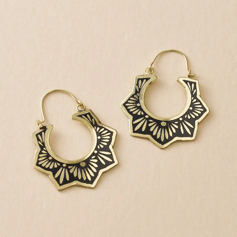 Nisha Lotus Hoop Earrings | Gold & Black Brass Earrings