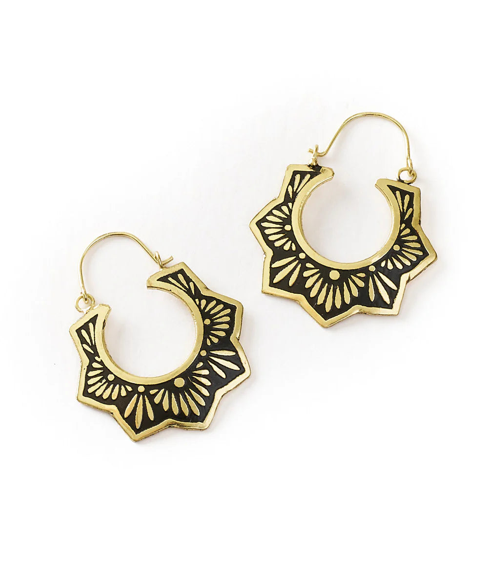 Nisha Lotus Hoop Earrings | Gold & Black Brass Earrings