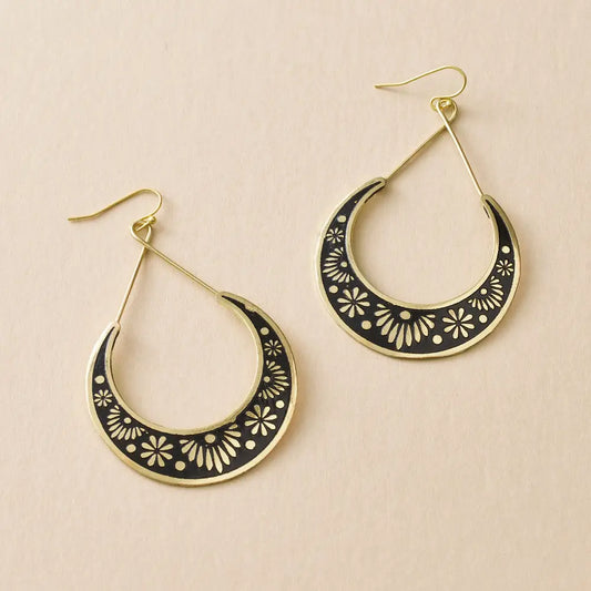 Nisha Crescent Moon Hoop Earrings | Gold & Black Brass Earrings