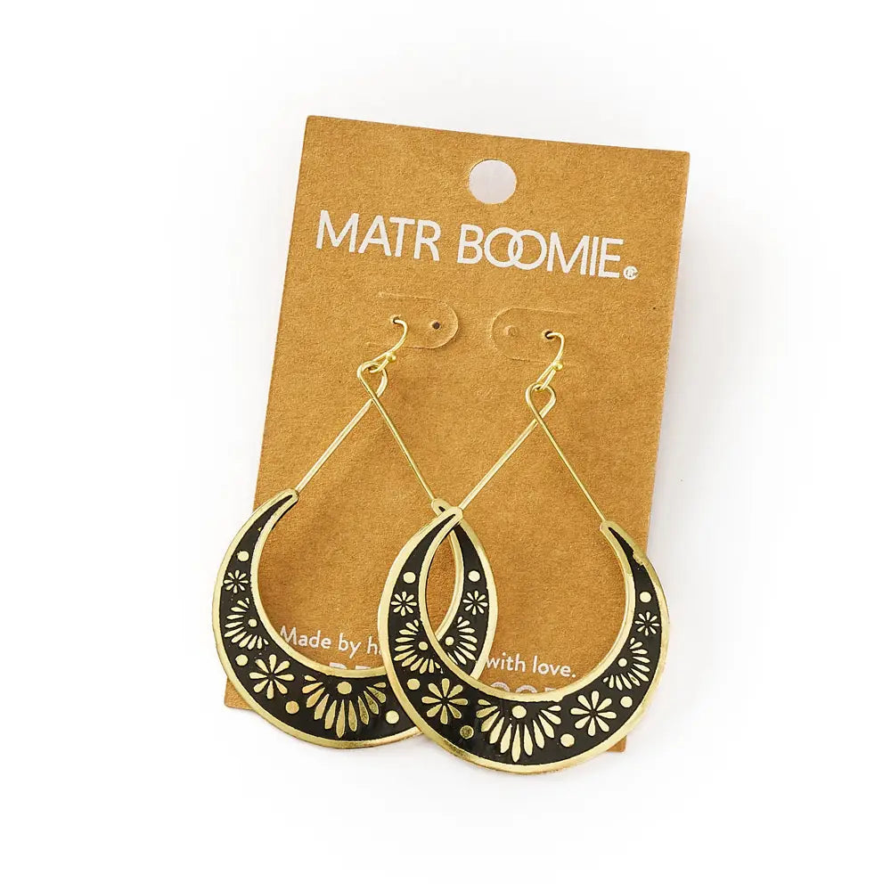 Nisha Crescent Moon Hoop Earrings | Gold & Black Brass Earrings