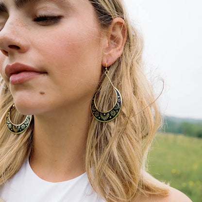 Nisha Crescent Moon Hoop Earrings | Gold & Black Brass Earrings