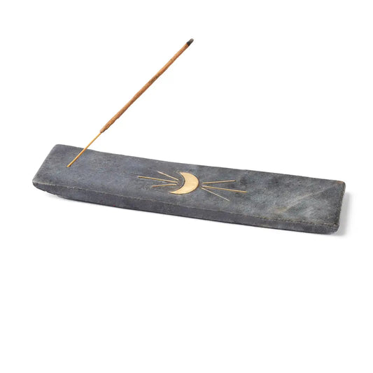 Indukala Moon Phase Incense Holder | Black Marble & Brass Inlay
