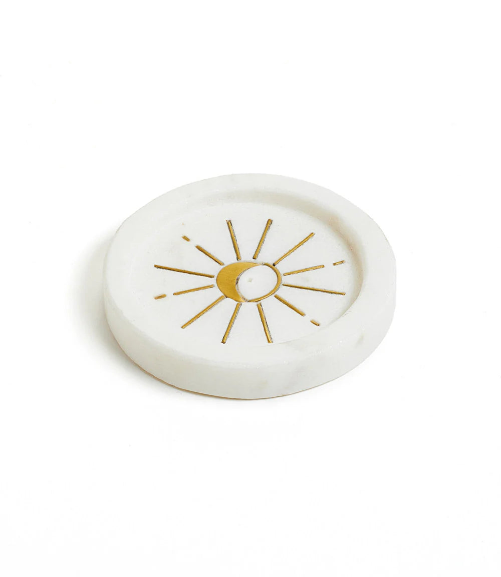 Indukala Round Moon Incense Holder | White Marble & Brass Inlay