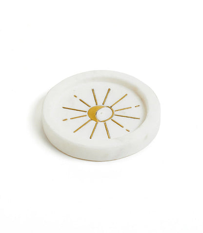 Indukala Round Moon Incense Holder | White Marble & Brass Inlay