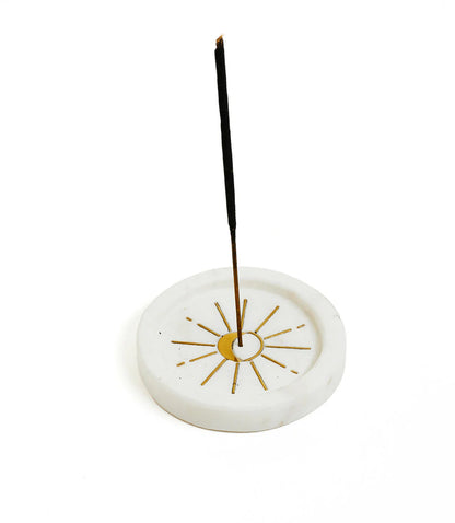 Indukala Round Moon Incense Holder | White Marble & Brass Inlay
