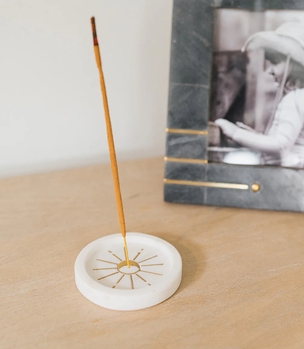 Indukala Round Moon Incense Holder | White Marble & Brass Inlay