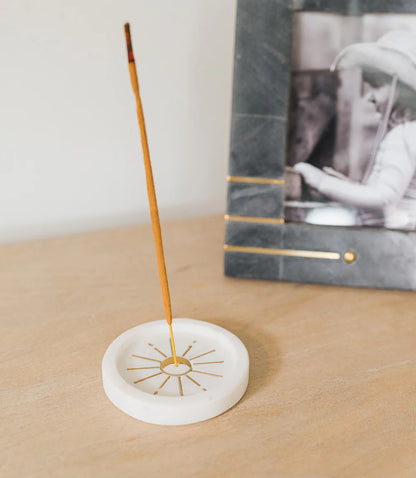 Indukala Round Moon Incense Holder | White Marble & Brass Inlay