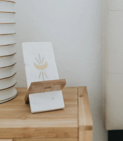 Indukala Moon Phase Phone Stand | Marble & Wood Phone Holder